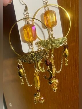 Artisan Gold Hoop Earrings with Amber and Brown Accents